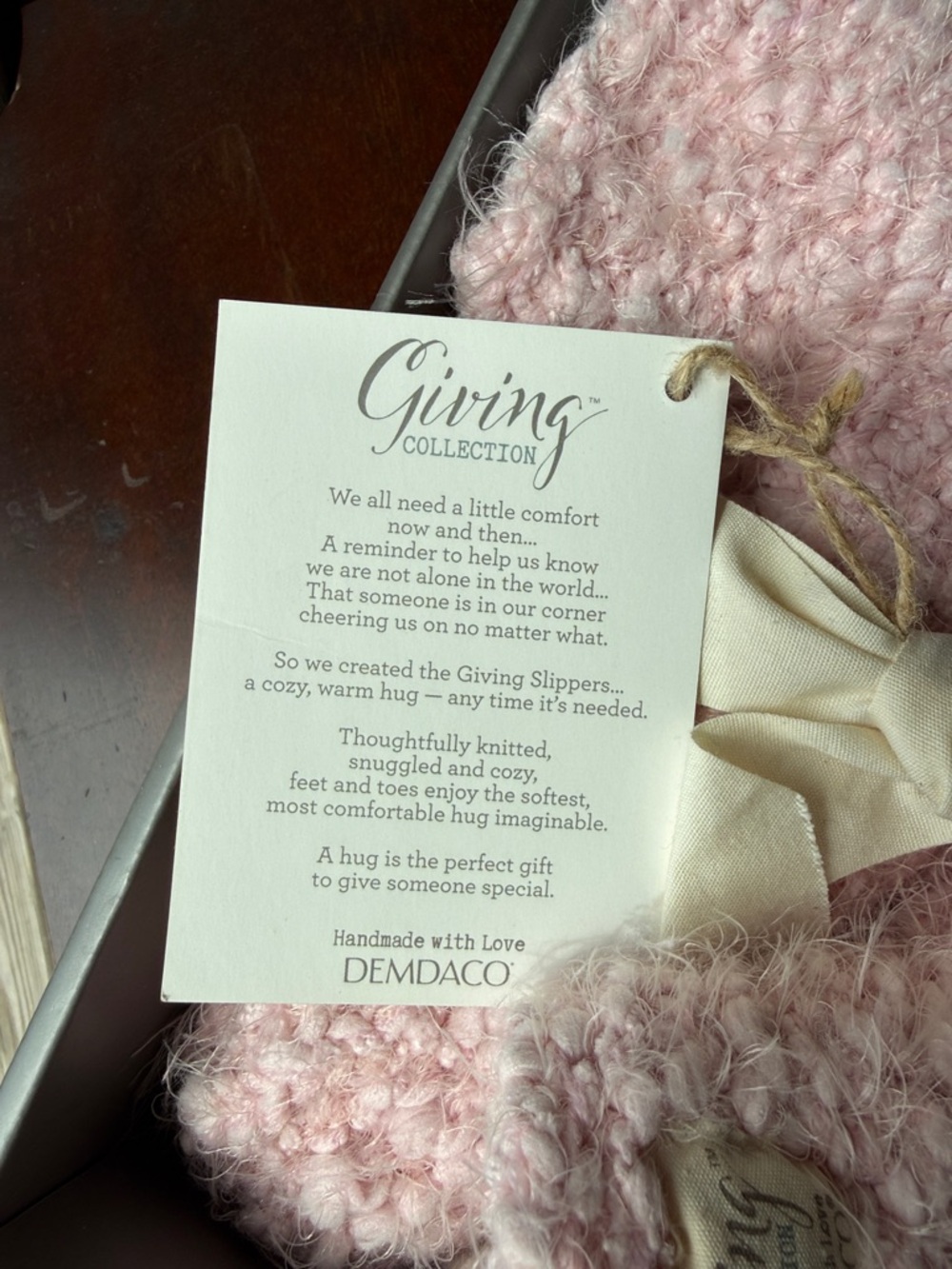 Demdaco Pink Fuzzy Giving Slippers with Cream Ribbon - Picture 2 of 3